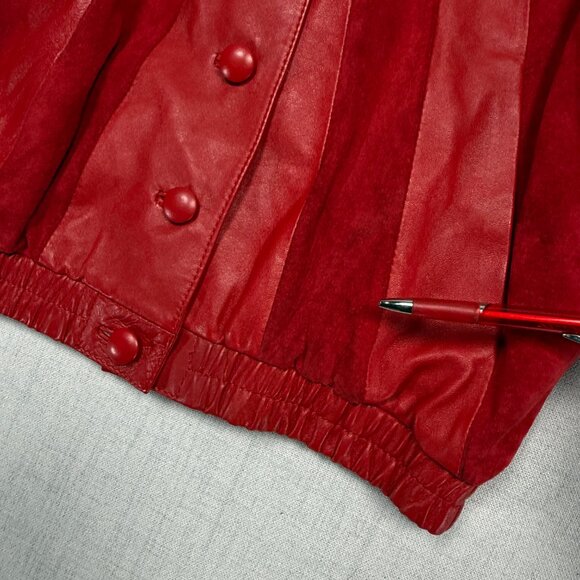 Vintage 80s Red Leather Suede Panel Jacket Batwing Button Front Bomber Size 36 - Picture 7 of 14
